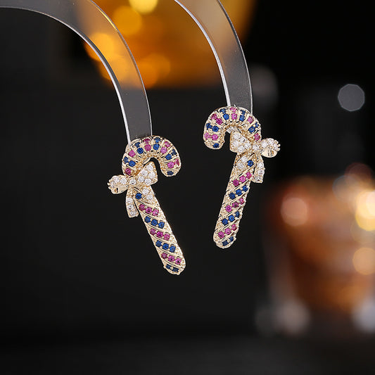 Fashion Christmas Colorful Zircon Bow Decor Fairy Stick Stud Earrings