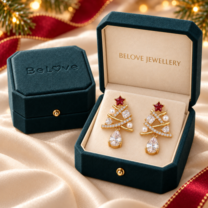 Christmas Tree Drop Earrings with Red Star and Teardrop Dangle