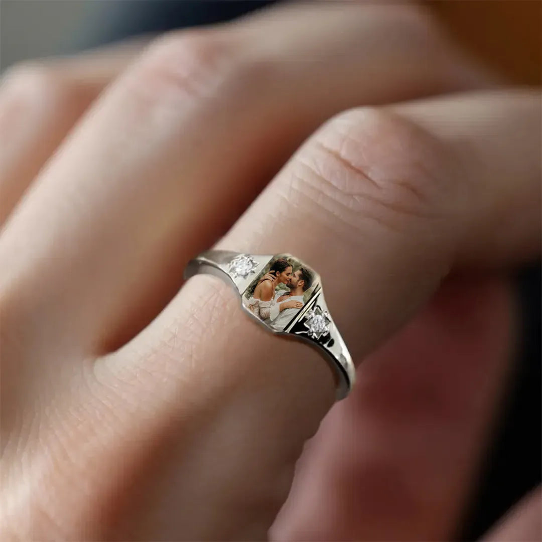 For Love-Personalized Couple Photo Birthstone Custom Ring