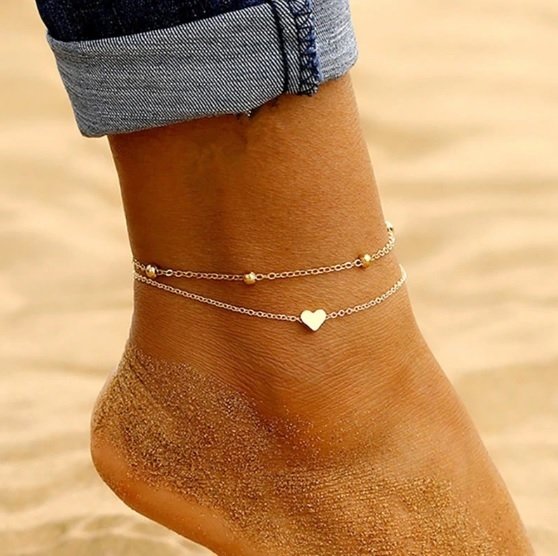 Double Layer Heart Anklet Bracelet Set
