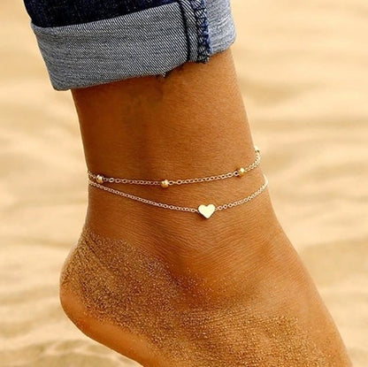 Double Layer Heart Anklet Bracelet Set