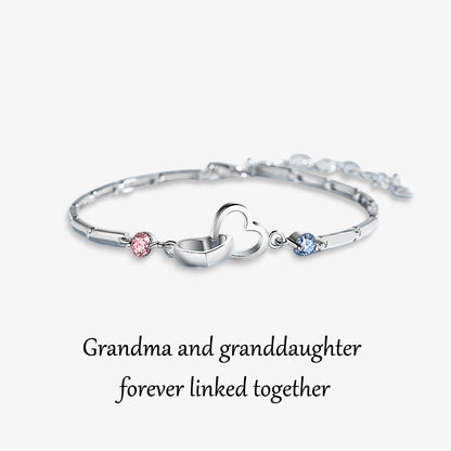 S925 Grandma & Granddaughter Forever Linked Together Birthstone Custom Double Diamond Double Heart Bracelet