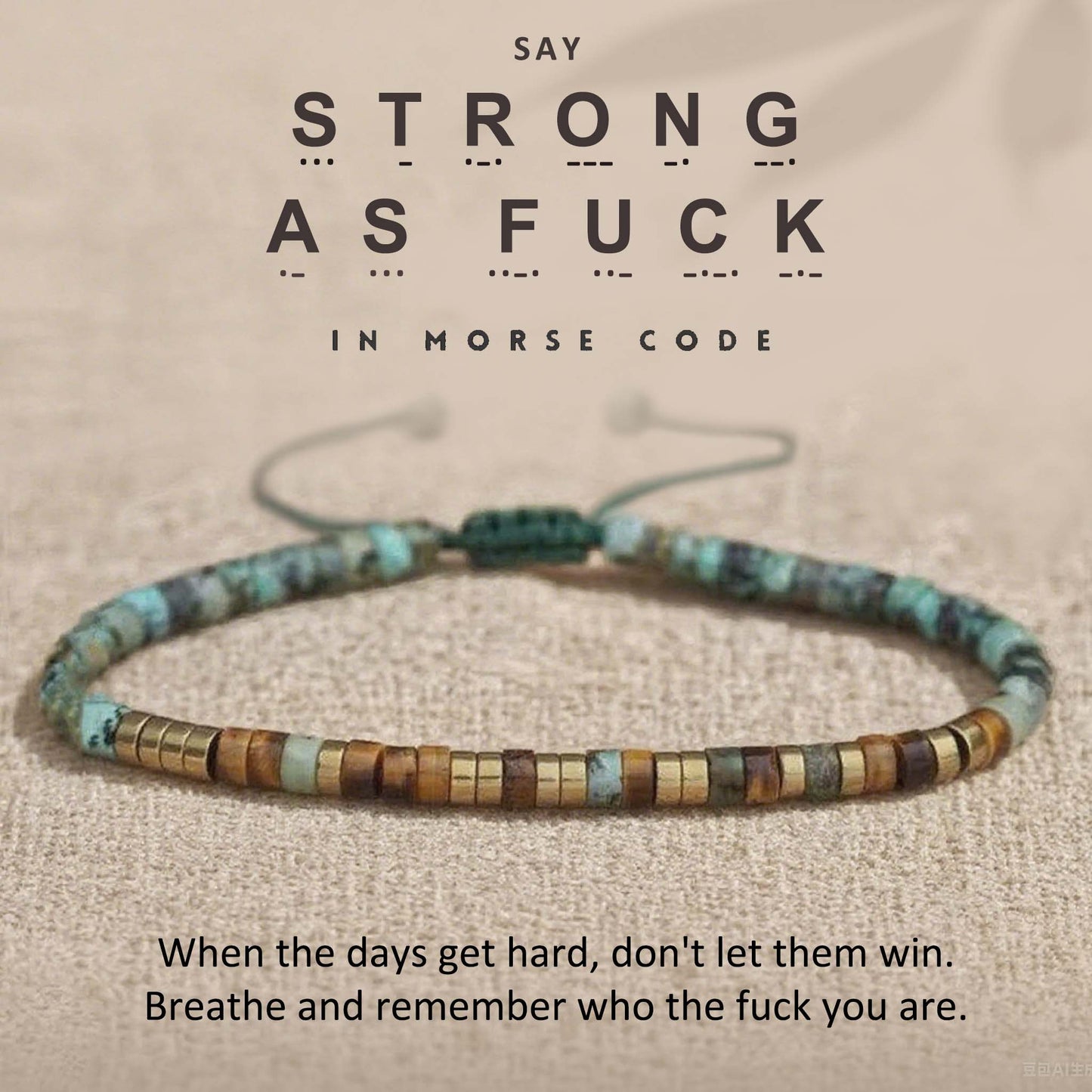 'Strong As Fuck' Morse code Motivational Bracelet with African Turquoise Tiger eye