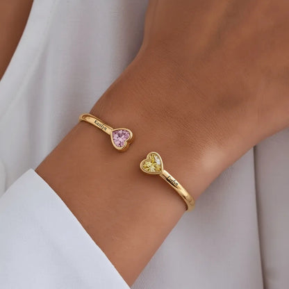 Mother And Daughter Double Heart Custom Birthstone&Name Bracelet