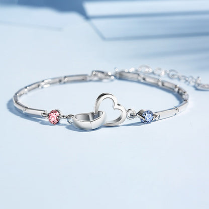 S925 Grandma & Granddaughter Forever Linked Together Birthstone Custom Double Diamond Double Heart Bracelet