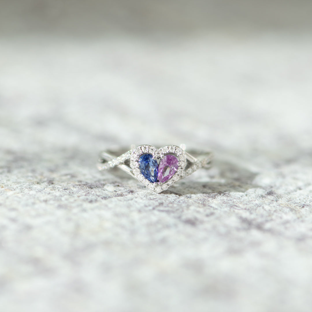 Mother And Daughter Dual Teardrop Birthstone Heart Ring
