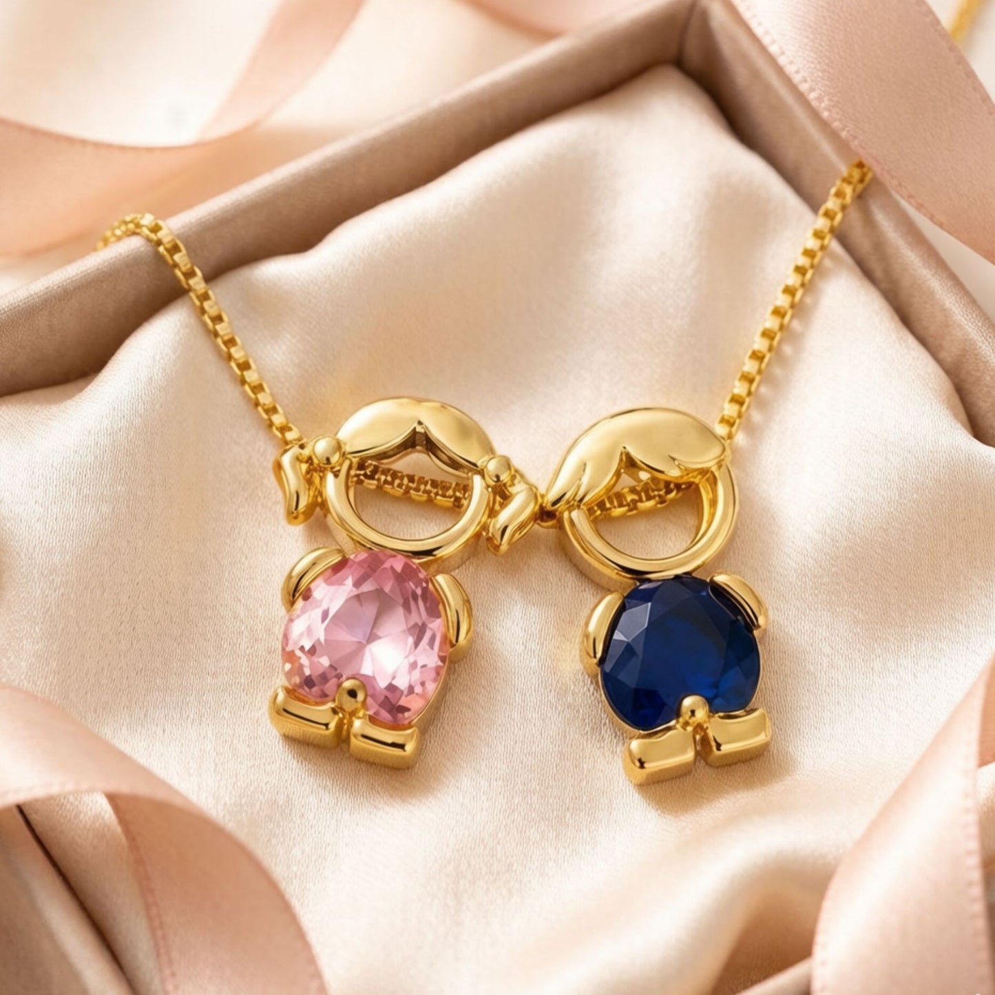 For Love- Personalized Heart Birthstone Doll Family Necklace