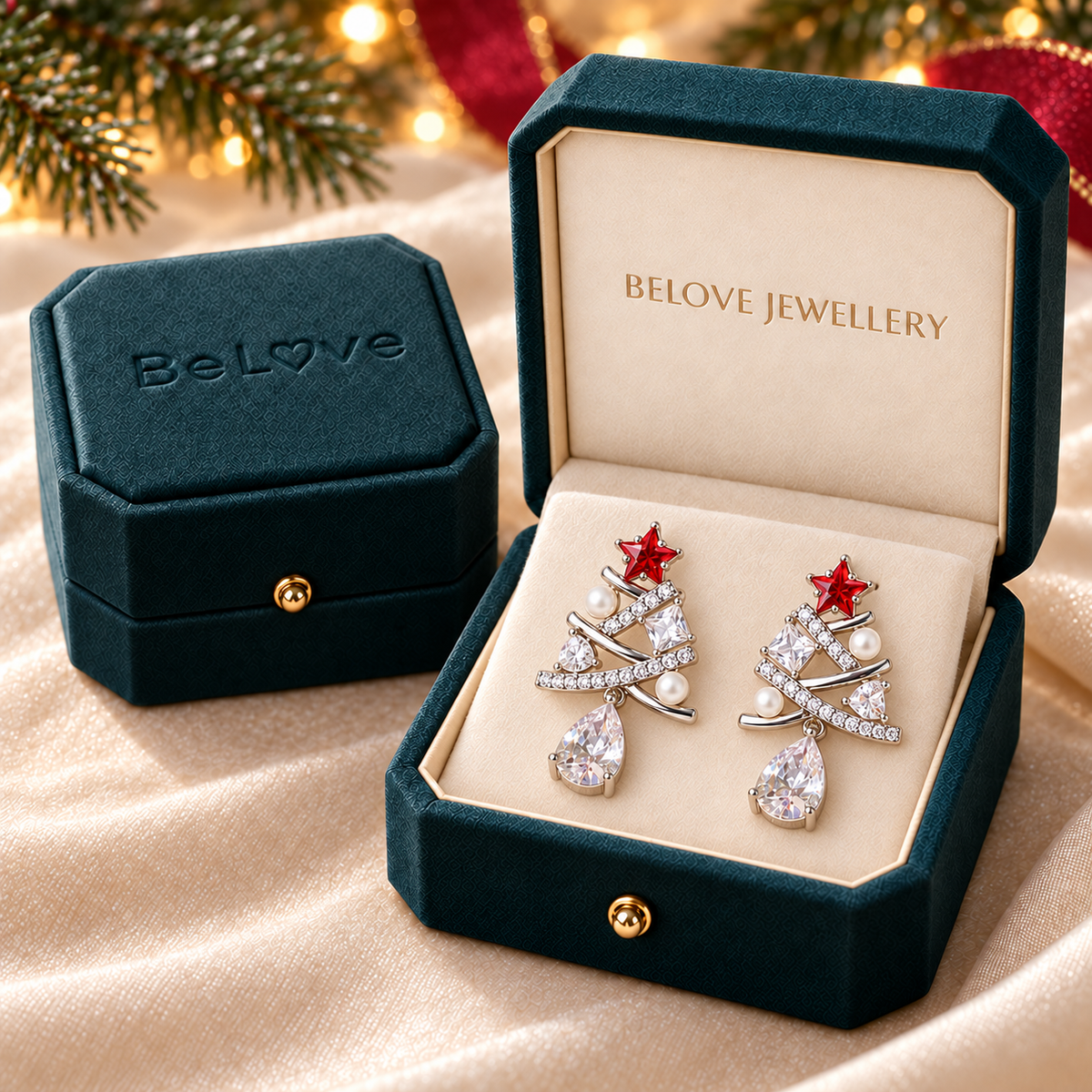 Christmas Tree Drop Earrings with Red Star and Teardrop Dangle