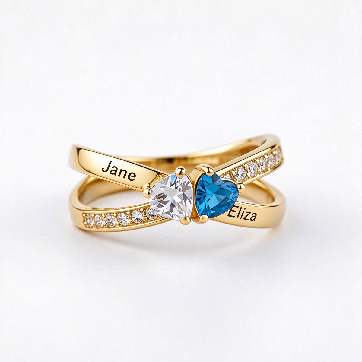 Mother&Daughter Custom Double Heart Birthstone&Name Ring