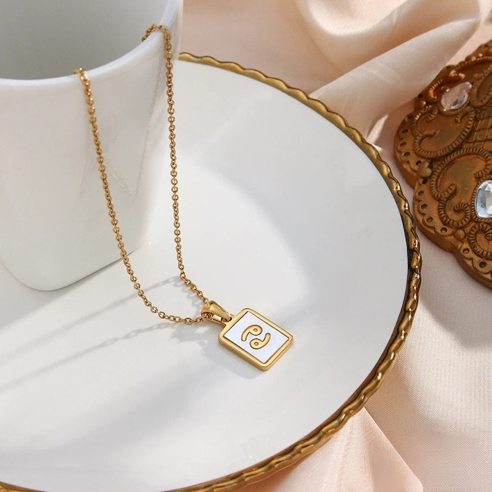 18K Gold Zodiac Necklace, Square Natural Shell Pendant Necklace