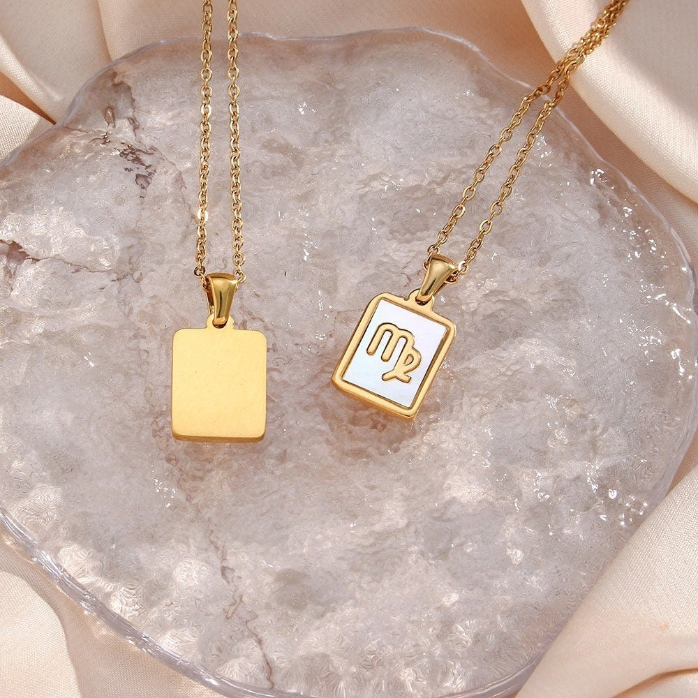 18K Gold Zodiac Necklace, Square Natural Shell Pendant Necklace