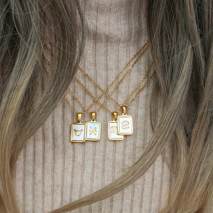 18K Gold Zodiac Necklace, Square Natural Shell Pendant Necklace