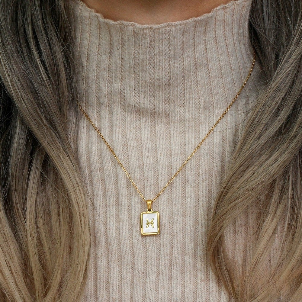 18K Gold Zodiac Necklace, Square Natural Shell Pendant Necklace