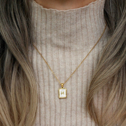 18K Gold Zodiac Necklace, Square Natural Shell Pendant Necklace