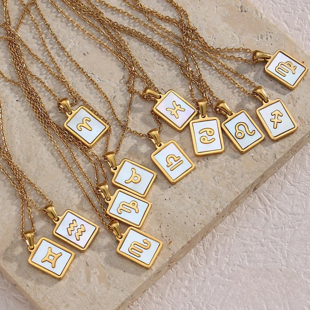 18K Gold Zodiac Necklace, Square Natural Shell Pendant Necklace