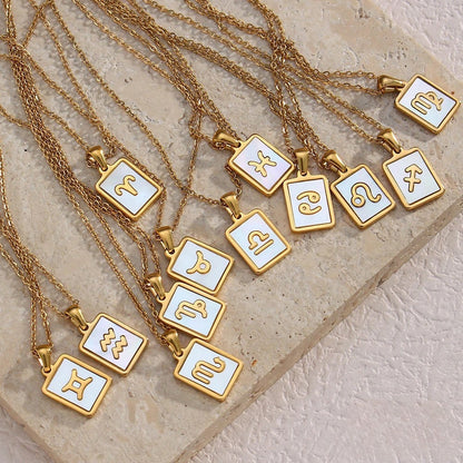 18K Gold Zodiac Necklace, Square Natural Shell Pendant Necklace