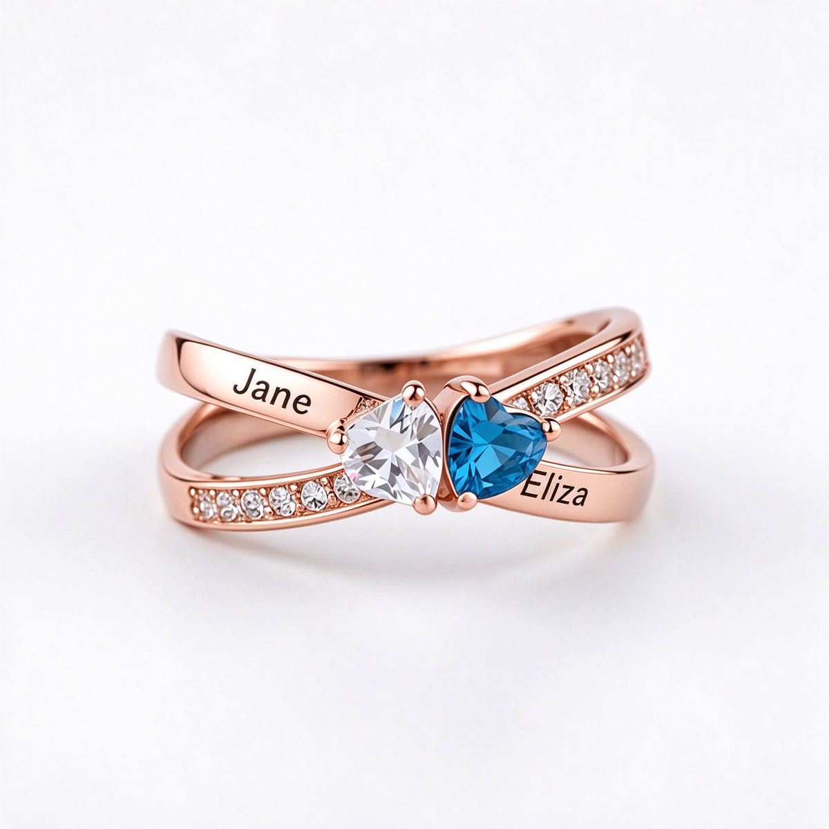Mother&Daughter Custom Double Heart Birthstone&Name Ring