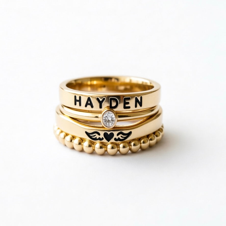 FOR MEMORIAL- ANGEL WINGS CUSTOM BIRTHSTONE&NAME STACKED RING