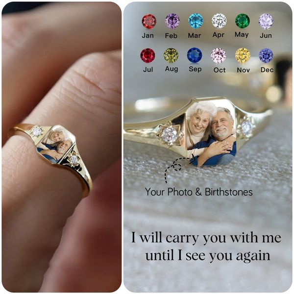 For Love-Personalized Couple Photo Birthstone Custom Ring