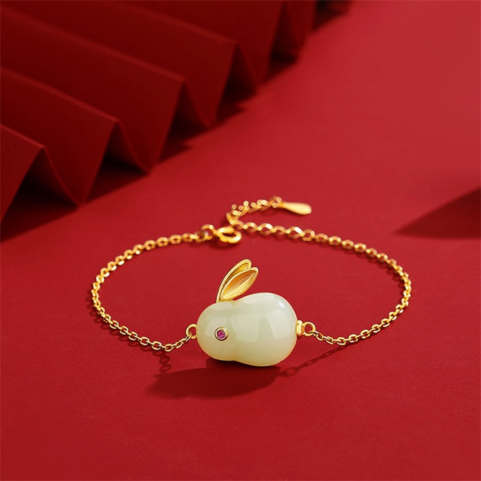 925 Sterling Silver Hetian Jade Lucky Rabbit Jewelry Set