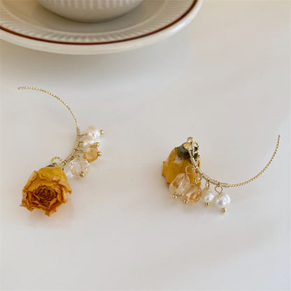 Pearl Dried Rose Flower Earrings