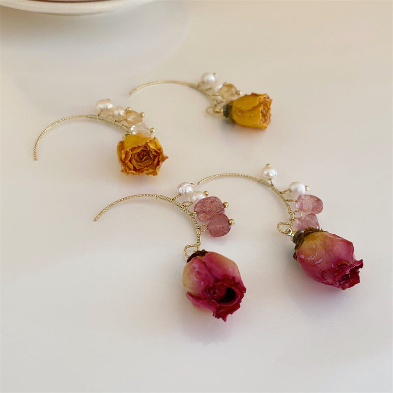 Pearl Dried Rose Flower Earrings