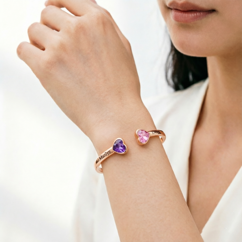 Mother And Daughter Double Heart Custom Birthstone&Name Bracelet