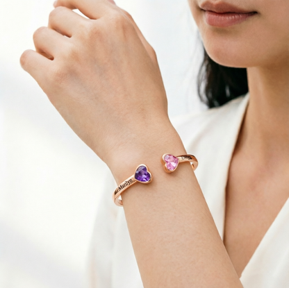 Mother And Daughter Double Heart Custom Birthstone&Name Bracelet