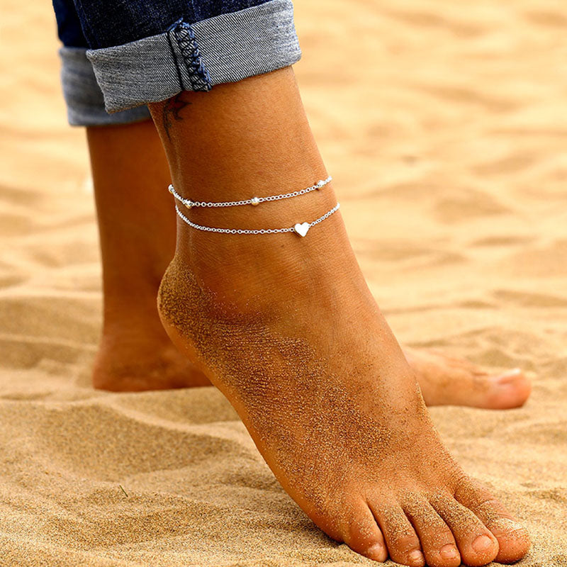 Double Layer Heart Anklet Bracelet Set