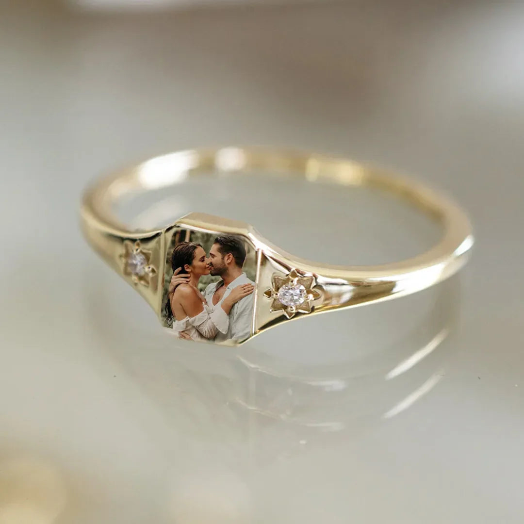 For Love-Personalized Couple Photo Birthstone Custom Ring