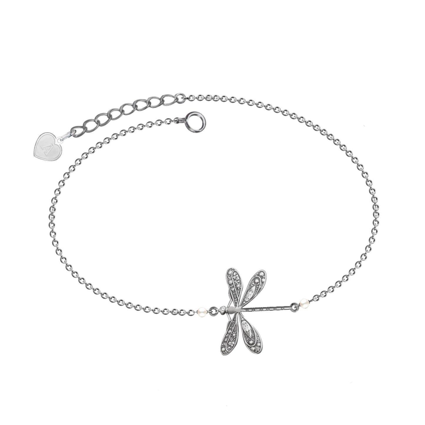 Silver Dragonfly Anklet With Pearl
