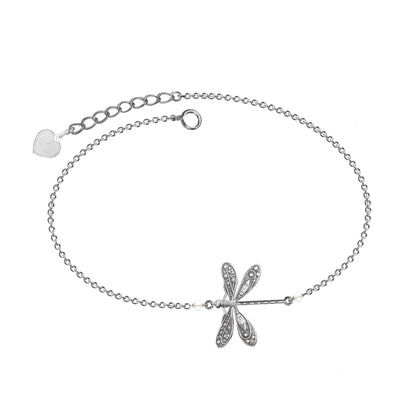 Silver Dragonfly Anklet With Pearl