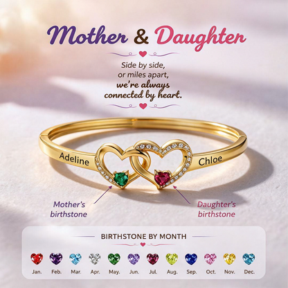 Personalized Mother And Daughter Double Heart Birthstone&Name Bracelet