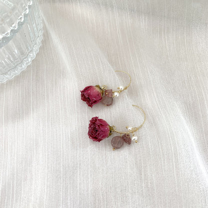 Pearl Dried Rose Flower Earrings