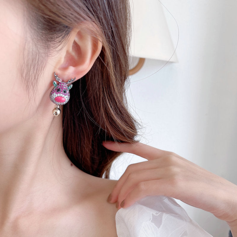 Colorful Zirconia Christmas Bells Moose Earrings