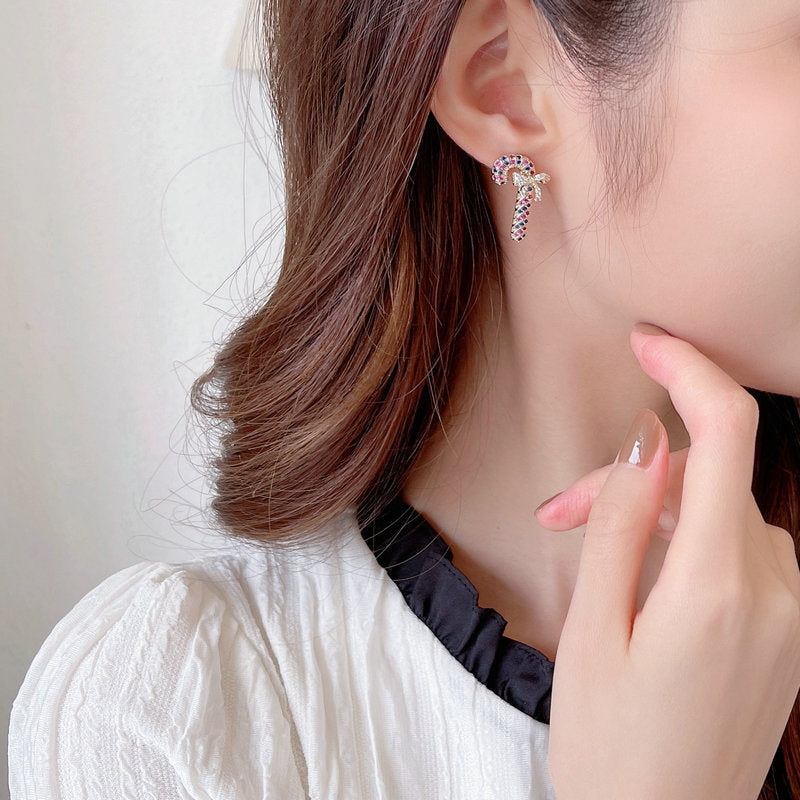 Fashion Christmas Colorful Zircon Bow Decor Fairy Stick Stud Earrings