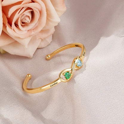 Mother&Daughter Double Heart Custom Birthstones Infinity  Bracelet with Engraved Name
