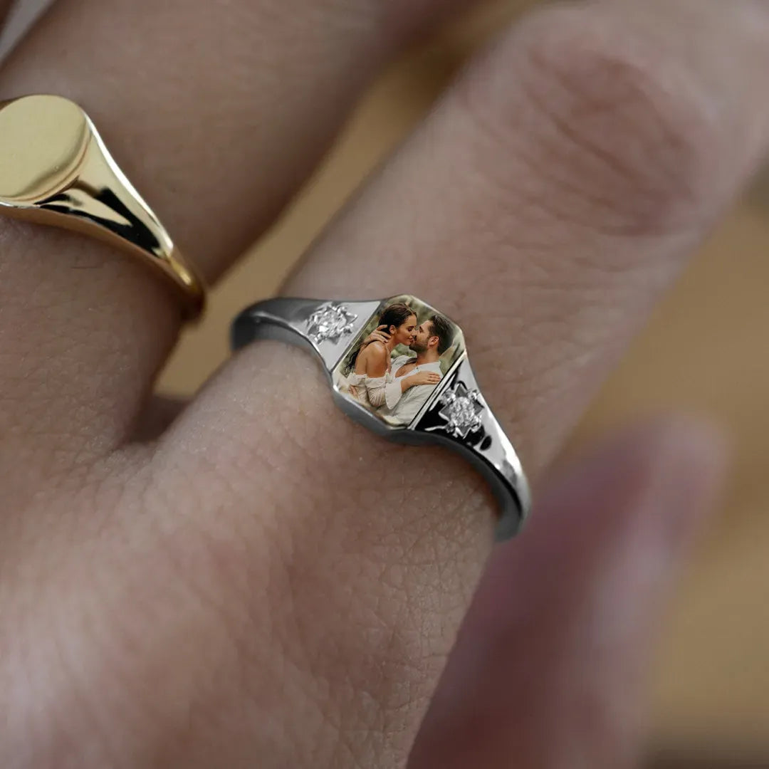 For Love-Personalized Couple Photo Birthstone Custom Ring