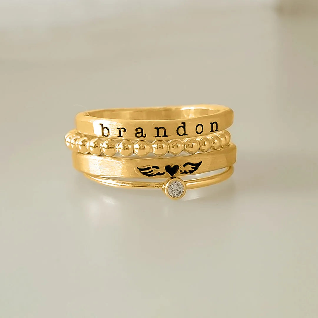FOR MEMORIAL- ANGEL WINGS CUSTOM BIRTHSTONE&NAME STACKED RING