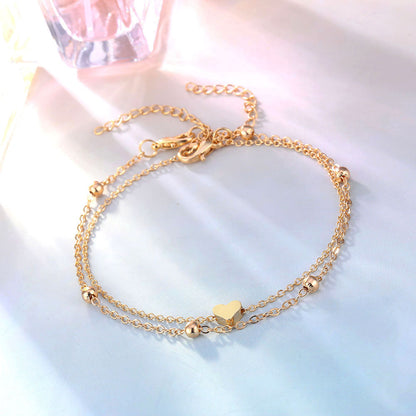 Double Layer Heart Anklet Bracelet Set