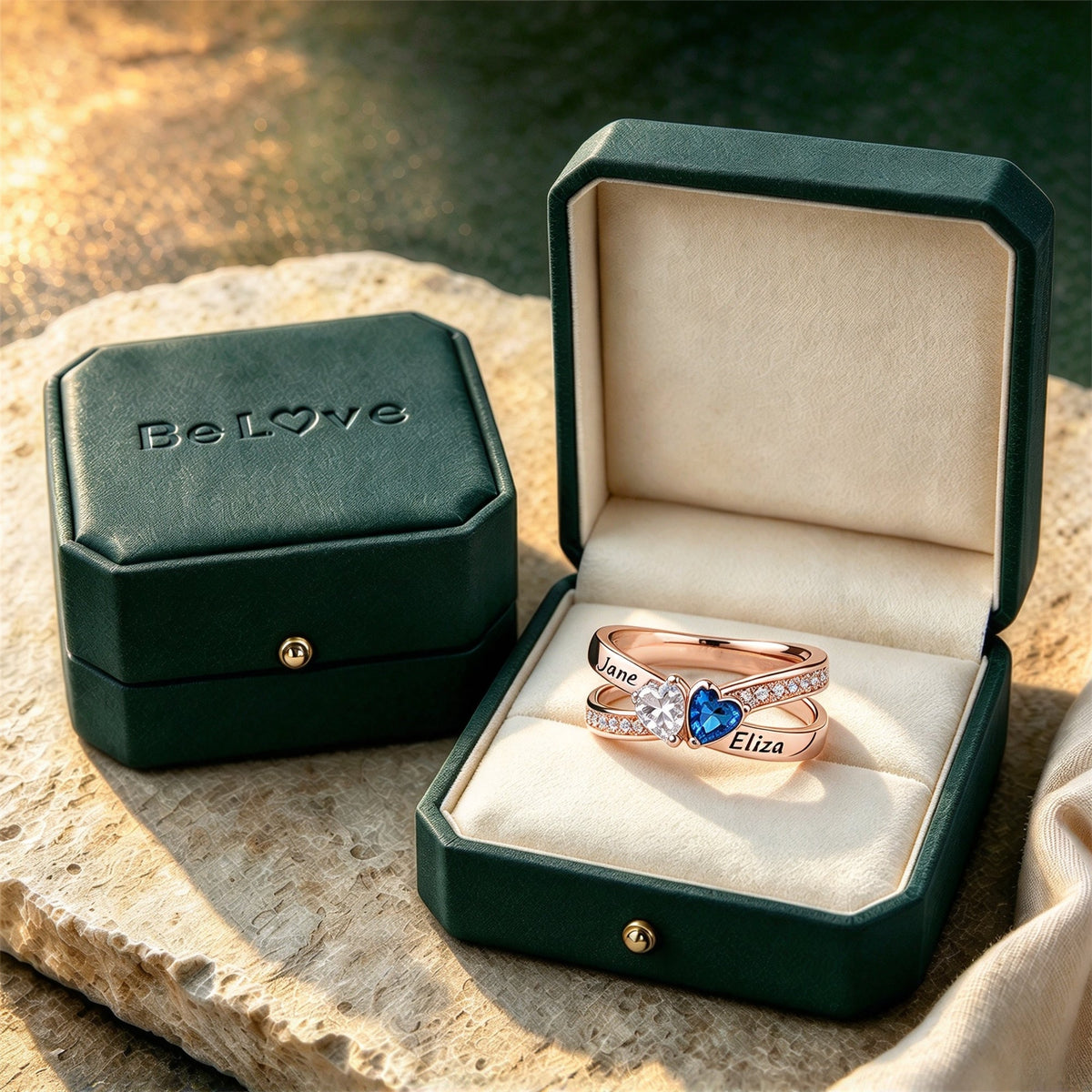 Mother&Daughter Custom Double Heart Birthstone&Name Ring