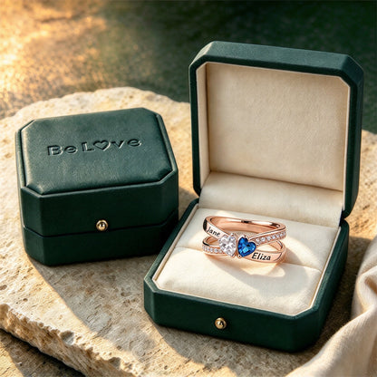 Mother&Daughter Custom Double Heart Birthstone&Name Ring