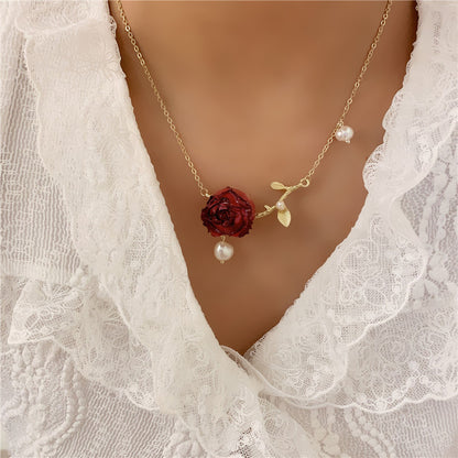 Branch Pearl Dried Rose Flower Bracelet Necklace