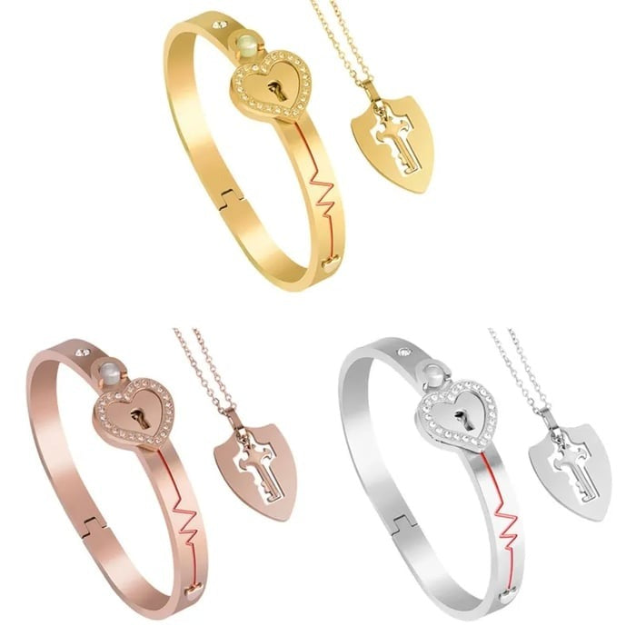 Love Lock Bracelet and Key Necklace Set