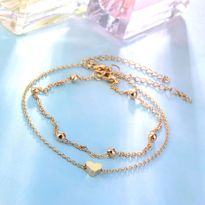 Double Layer Heart Anklet Bracelet Set
