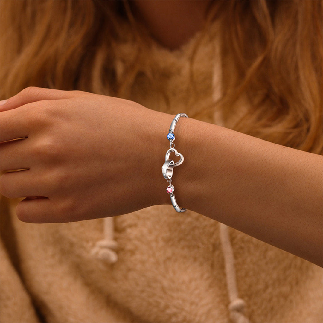 S925 Mother & Daughter Birthstone Custom Double Diamond Double Heart Bracelet