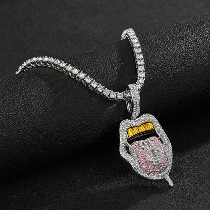 Iced Out Bling CZ Cubic Zirconia Tongue Necklace
