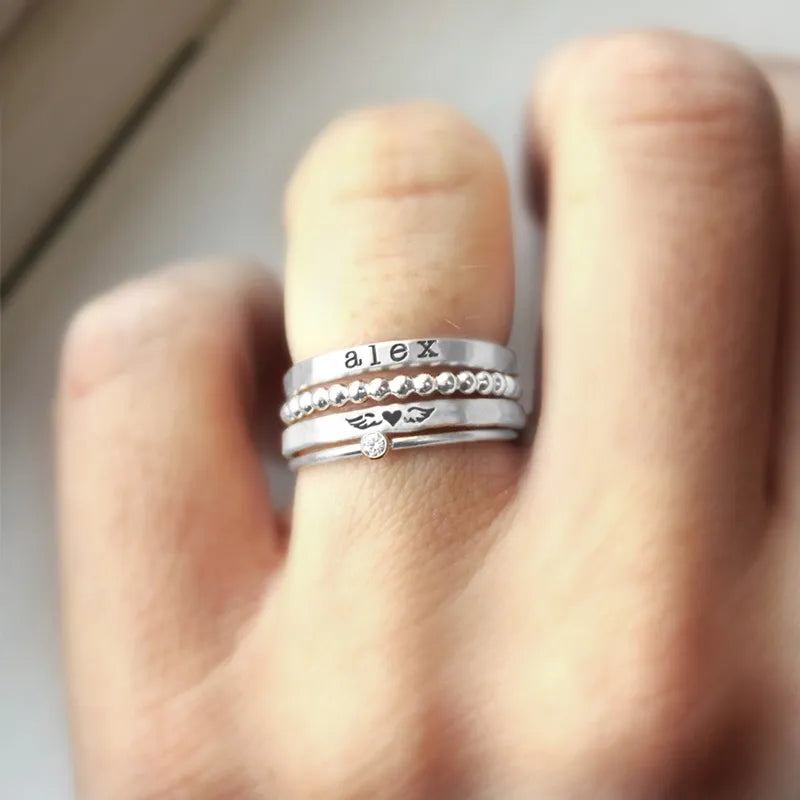 FOR MEMORIAL- ANGEL WINGS CUSTOM BIRTHSTONE&NAME STACKED RING