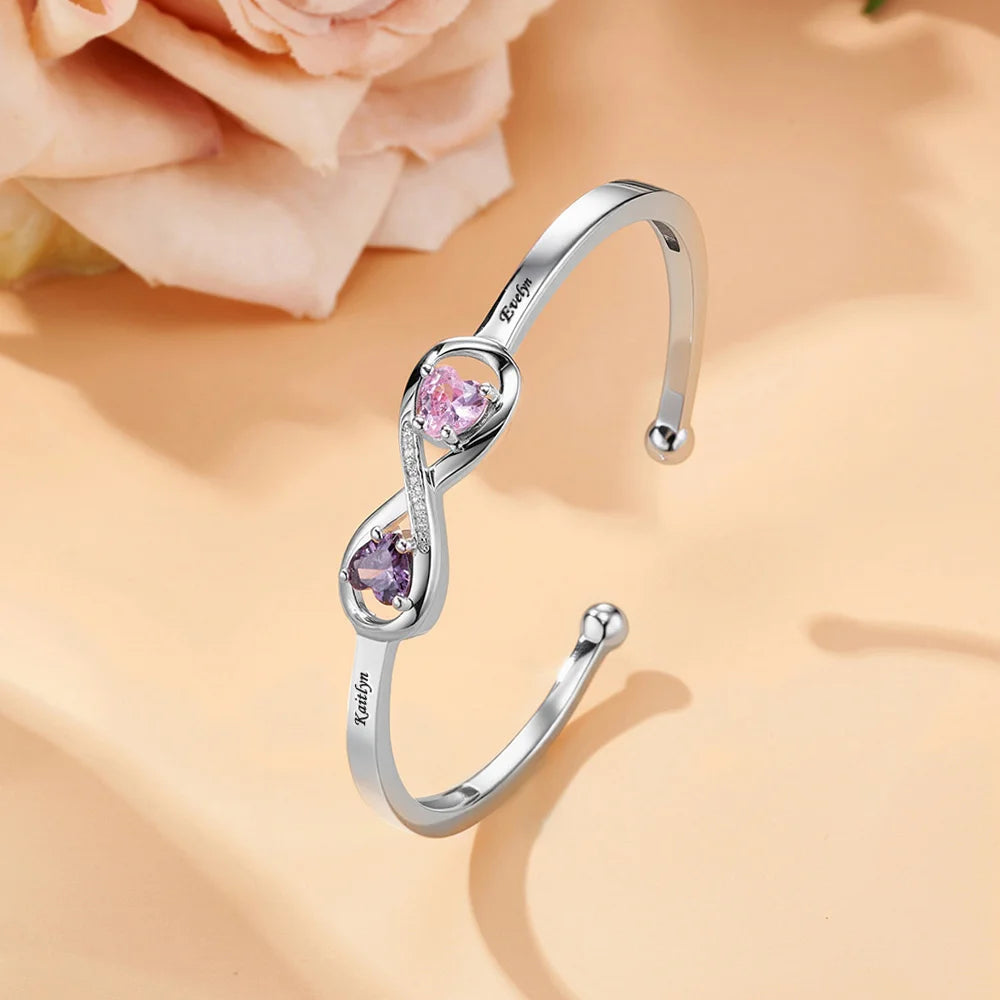 Mother&Daughter Double Heart Custom Birthstones Infinity  Bracelet with Engraved Name