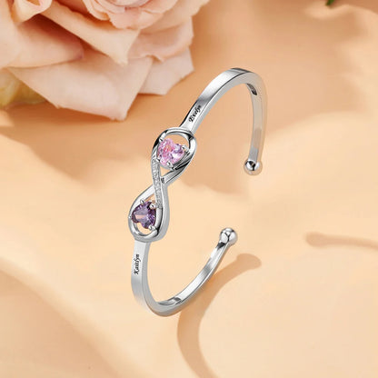 Mother&Daughter Double Heart Custom Birthstones Infinity  Bracelet with Engraved Name
